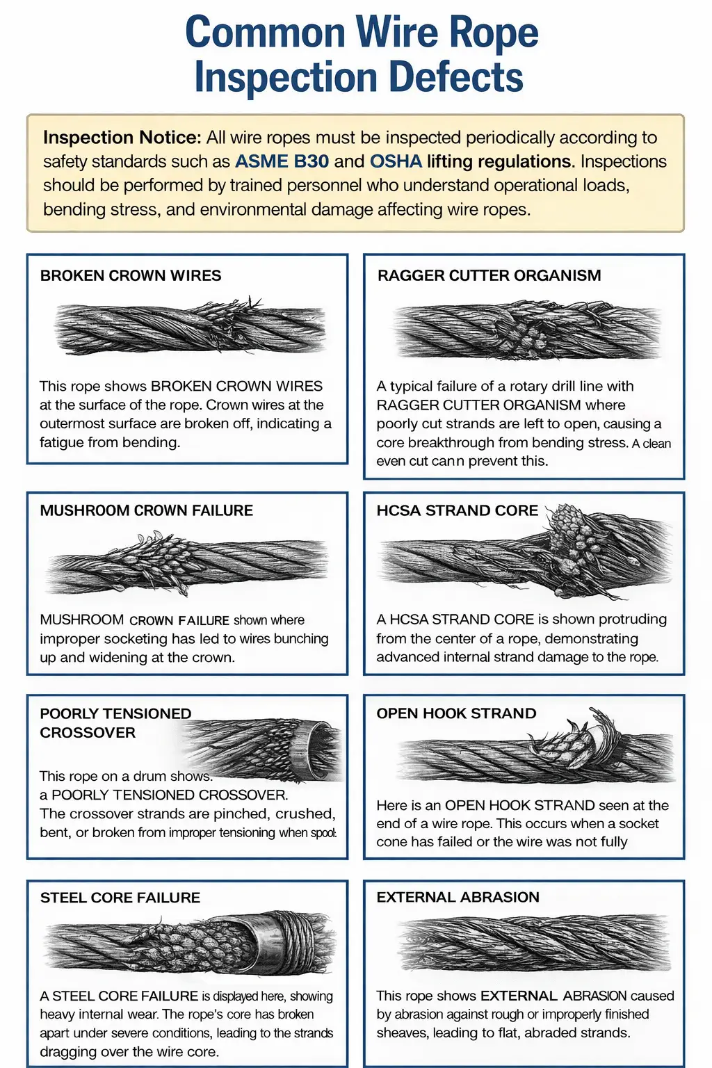 Wire rope damage examples showing common failure modes that require immediate removal from service